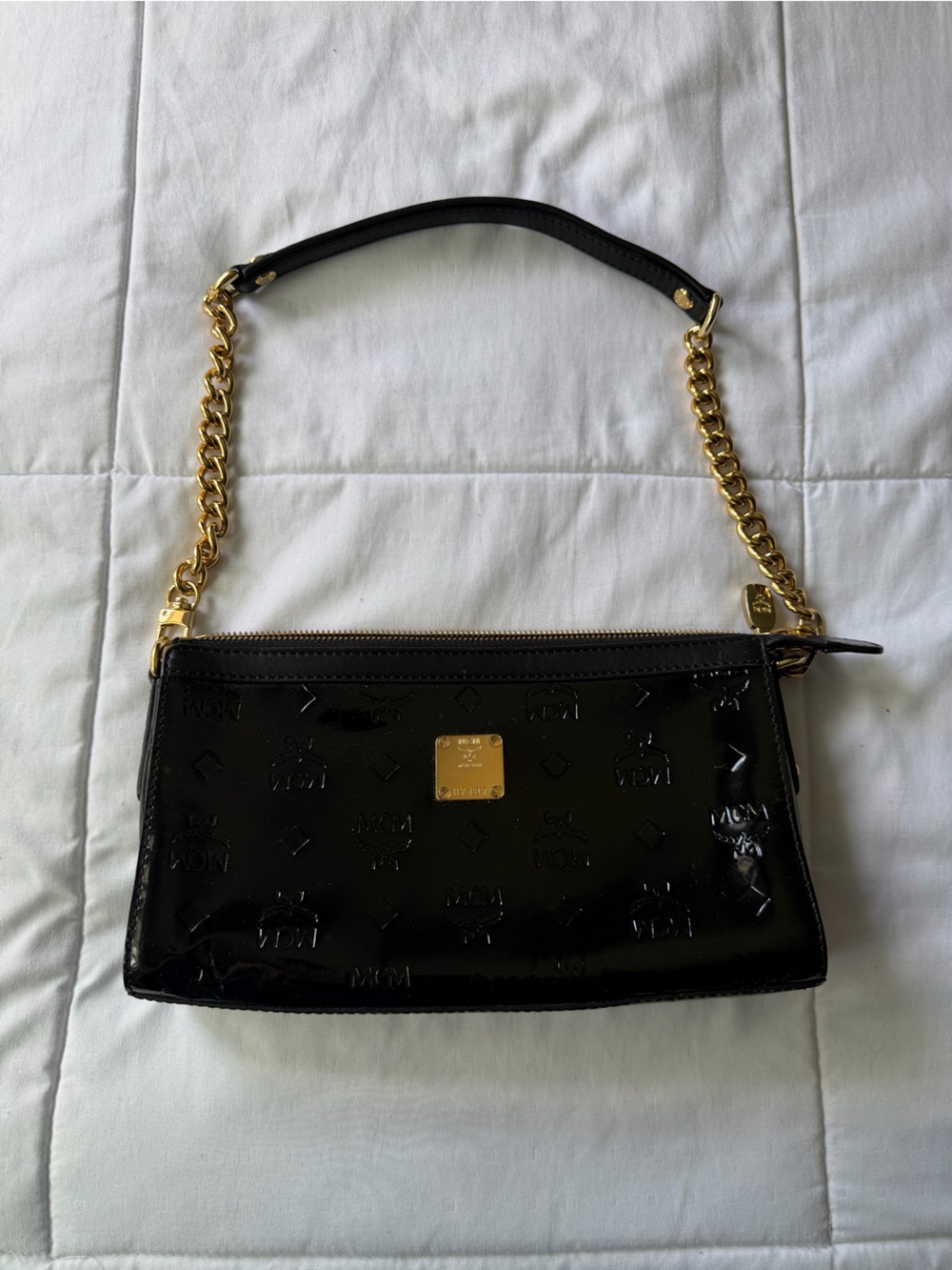 MCM Black Patent Leather Shoulder Bag with Gold Chain